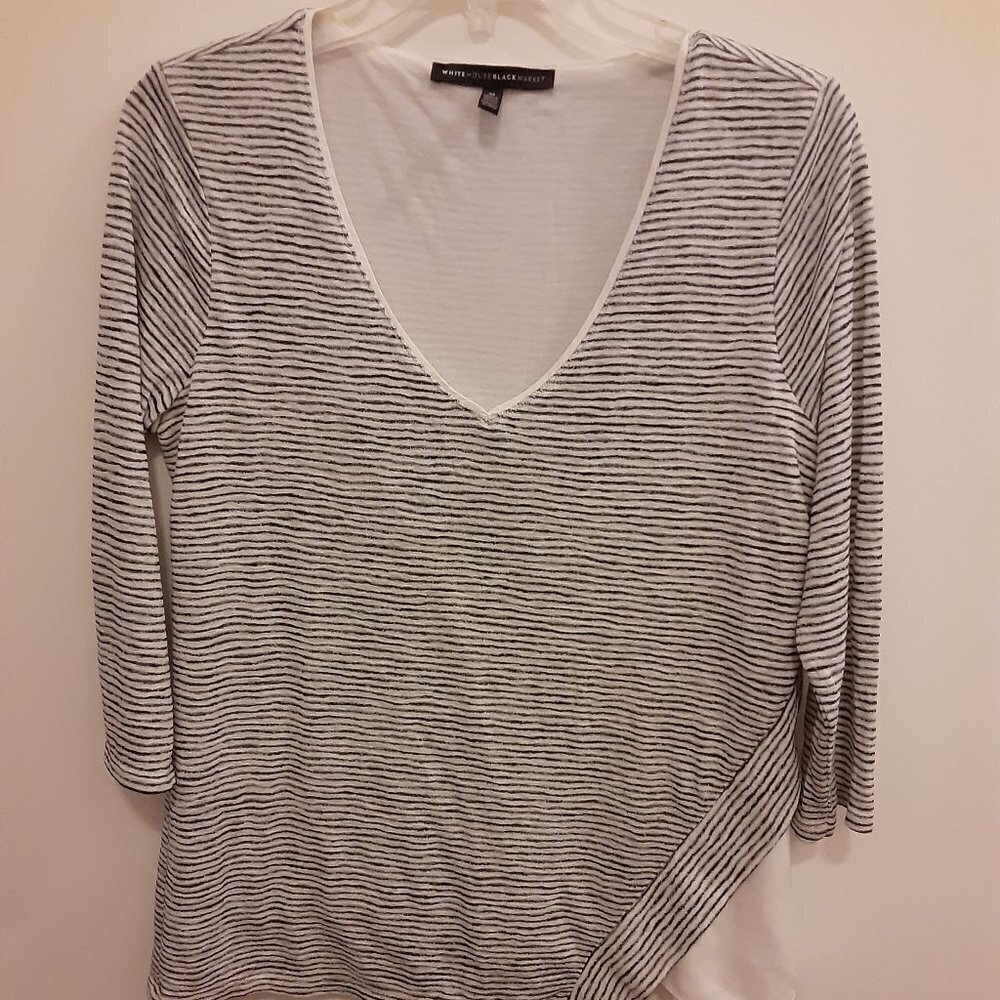 White House Black Market Medium Black & White Striped Fully Lined Top w/V-Neck